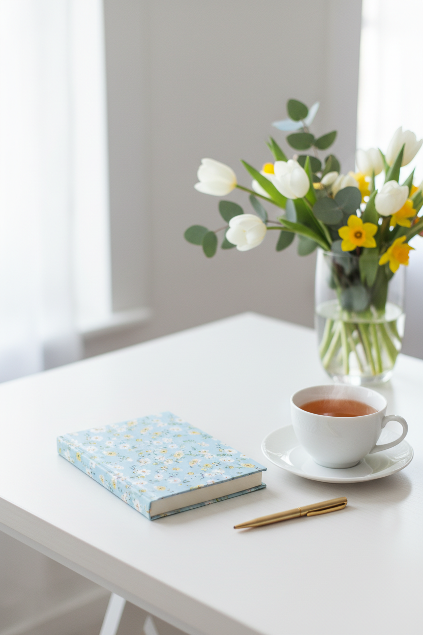 Blue floral journal desk