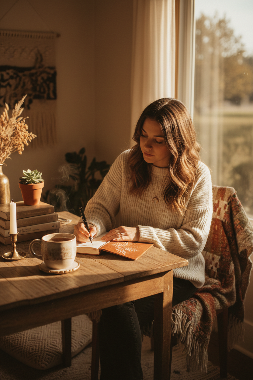 Sunlit desk journaling
