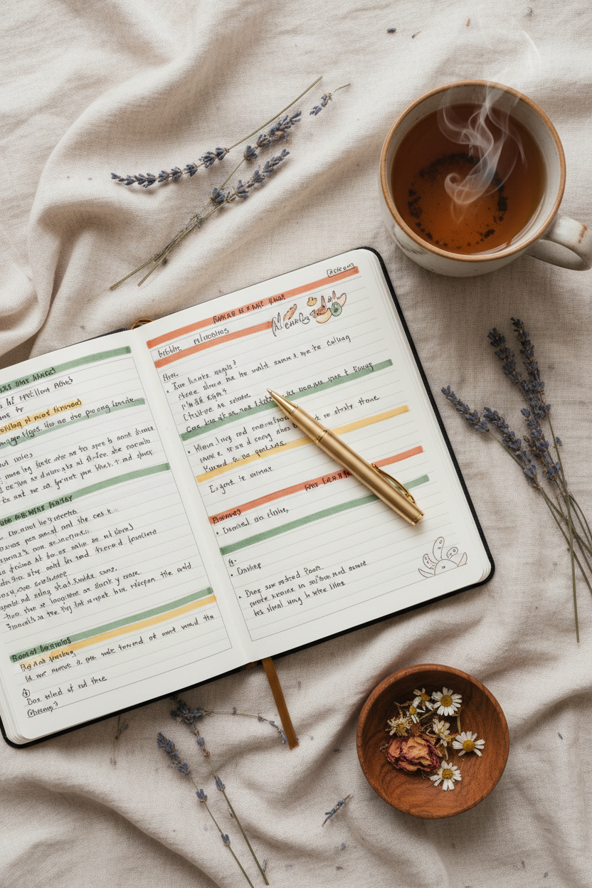 Wellness journal flatlay